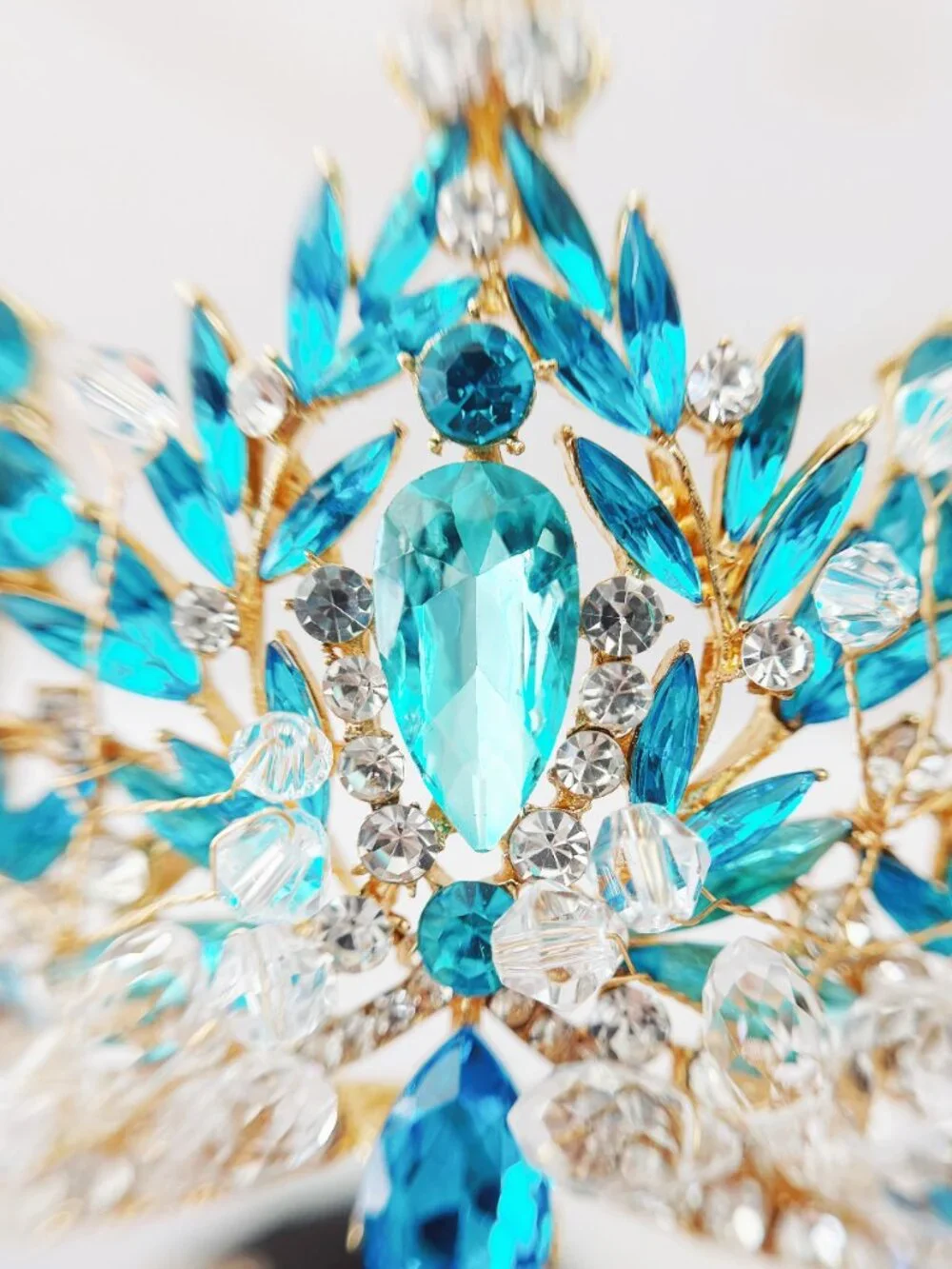 Aqua Blue Crystal Tiara, Gold Crown for Weddings, Pageants and Quinceañeras